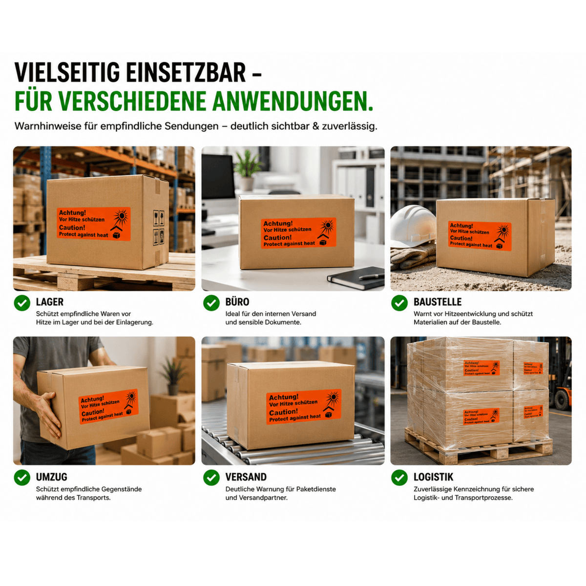 Versandaufkleber „Achtung – vor Hitze schützen“