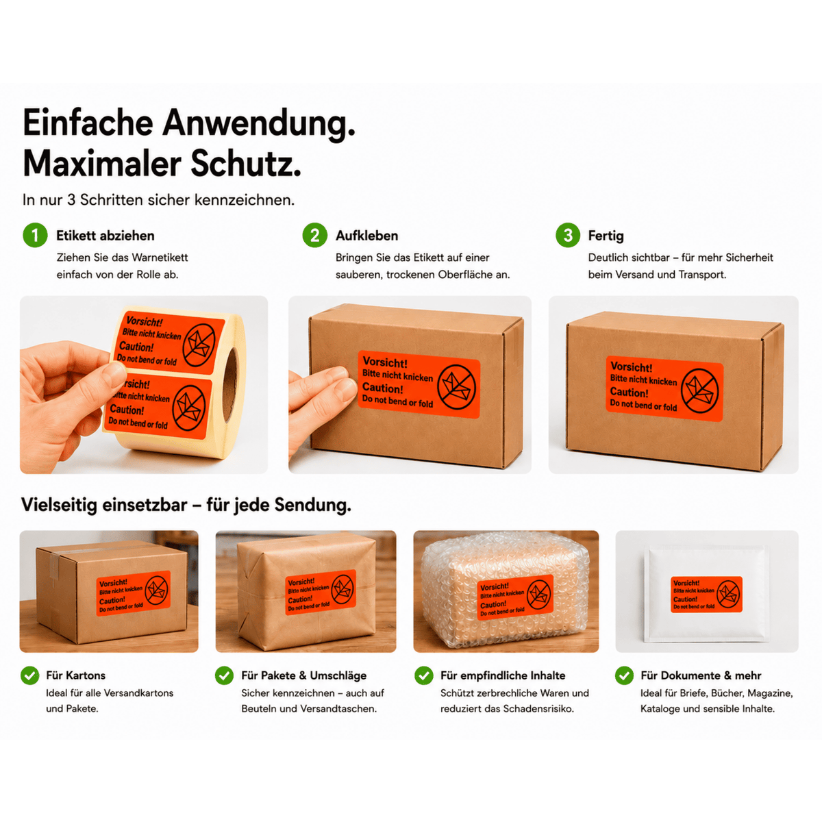 Versandaufkleber „Vorsicht – nicht knicken“