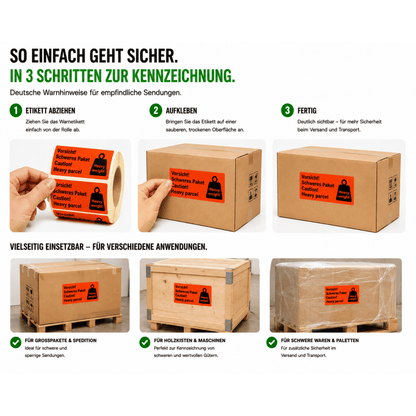 Versandaufkleber „Vorsicht – schweres Paket“